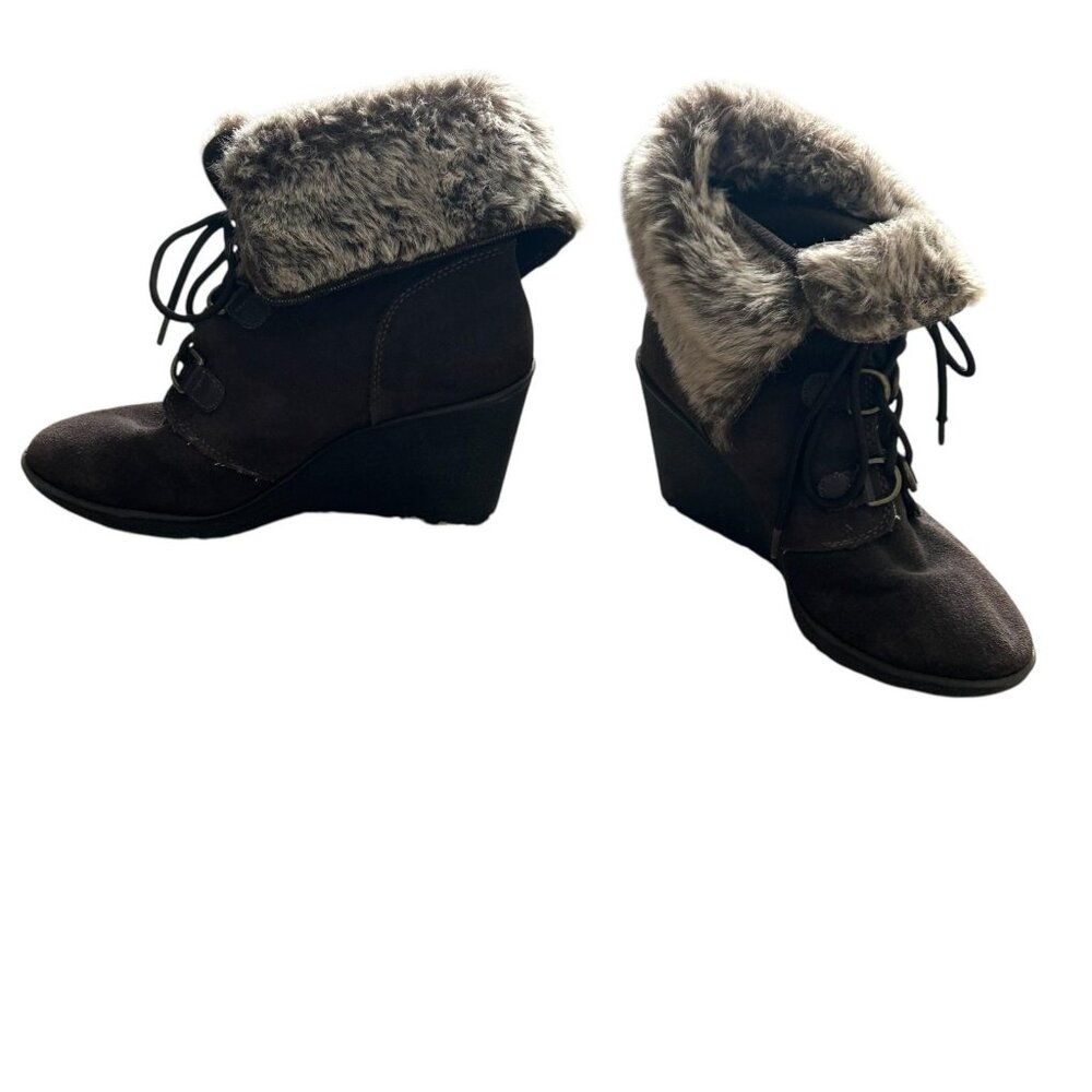 Bjornal Boots Womens Size 8.5 Brown Faux Fur Wedge Lace Up Leather Upper Winter - Picture 7 of 11